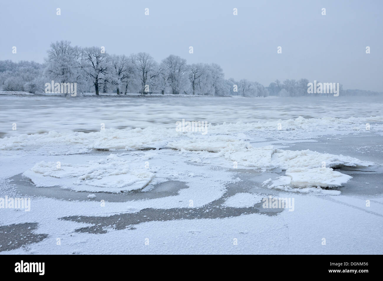 Schnee und Eis auf der Elbe an einem kalten Wintermorgen, in der Nähe von Dessau-Roßlau, Sachsen-Anhalt Stockfoto