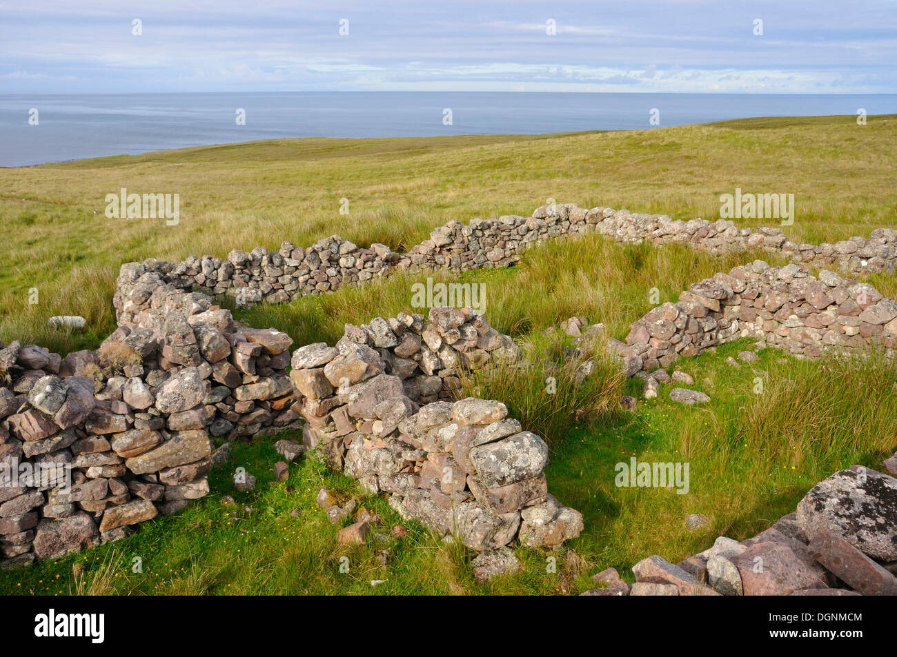 Alte Steinmauern, die verbleibenden Wände ein verfallenes Haus auf einer Klippe, Northern Highlands, Highland, Highlands, Sutherland County Stockfoto