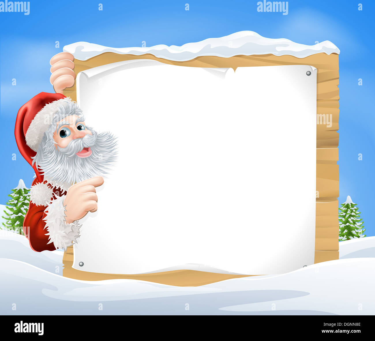 Eine Schneelandschaft Christmas Santa Schild mit Santa Claus spähen Runde Zeichen und zeigt in der Mitte einer Winterlandschaft Stockfoto