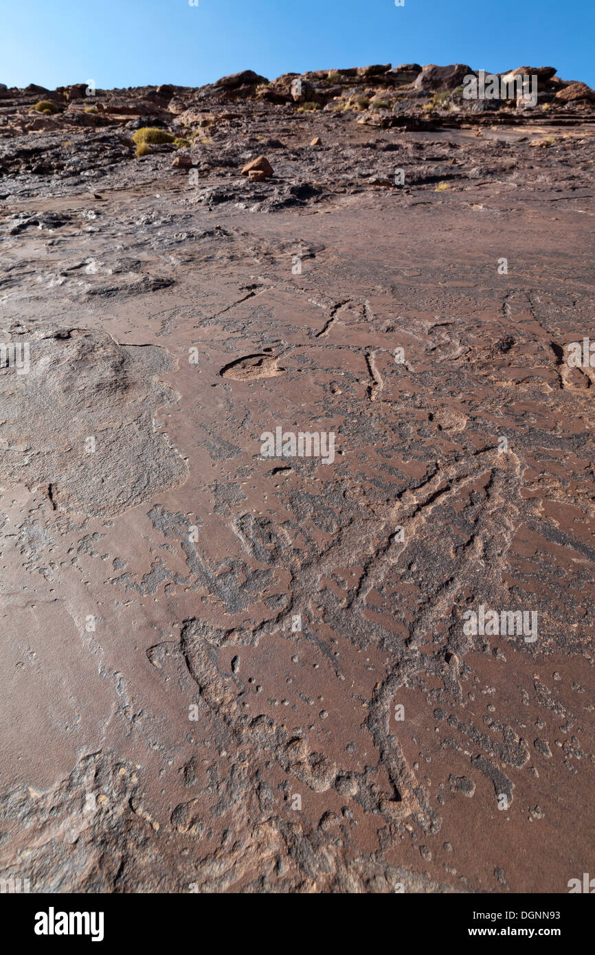 Prähistorische Felszeichnungen in Oukaimeden Skigebiet im hohen Atlas-Gebirge in Marokko Stockfoto