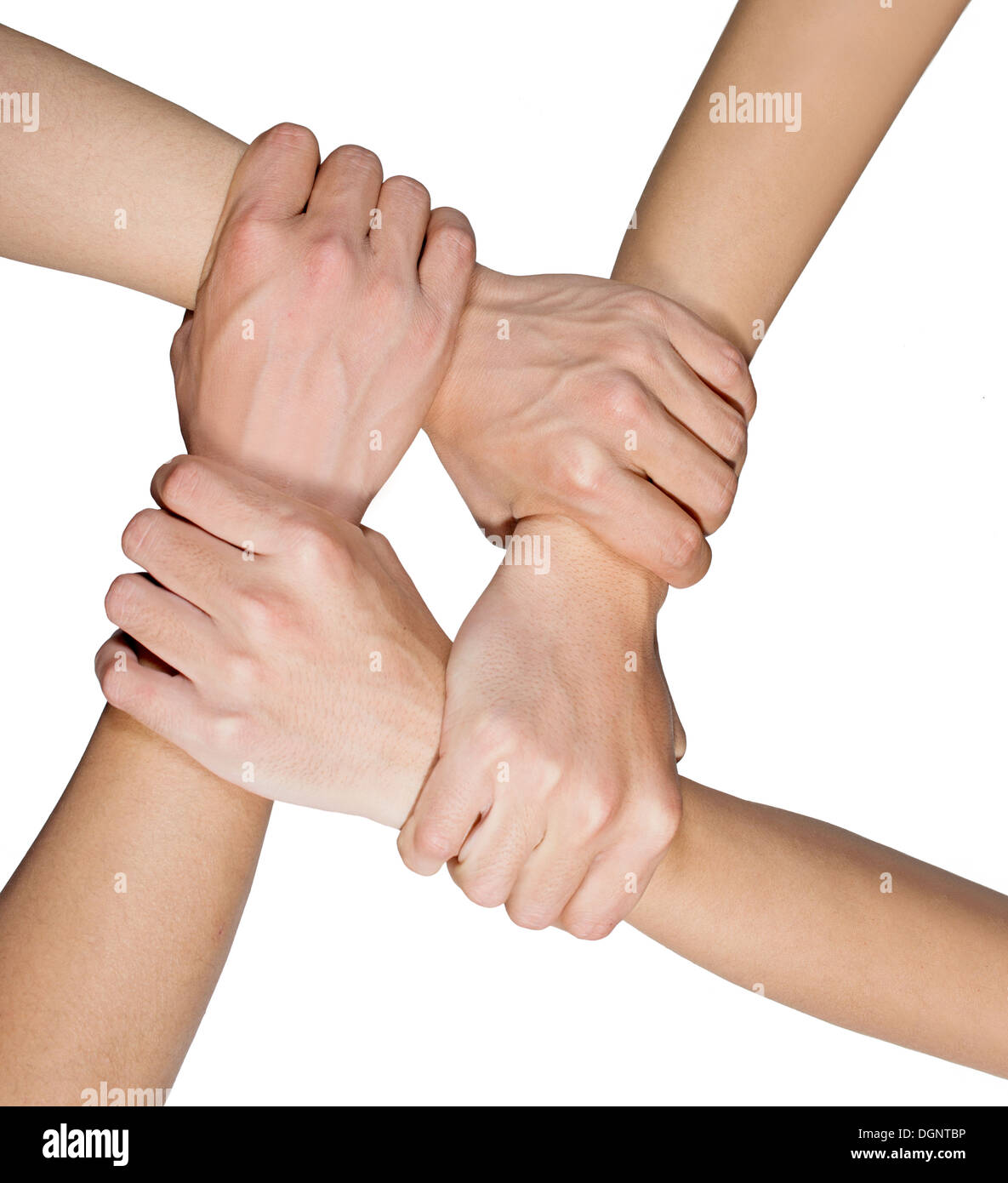 Händen Klingeln Teamarbeit isoliert auf weißem Hintergrund Stockfoto