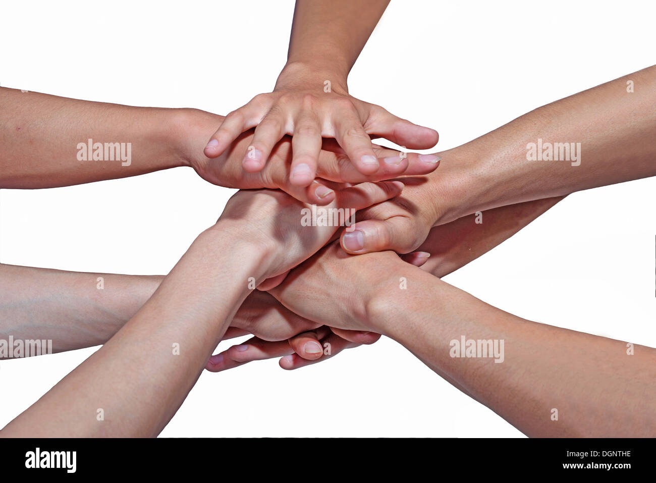 Händen Klingeln Teamarbeit isoliert auf weißem Hintergrund Stockfoto