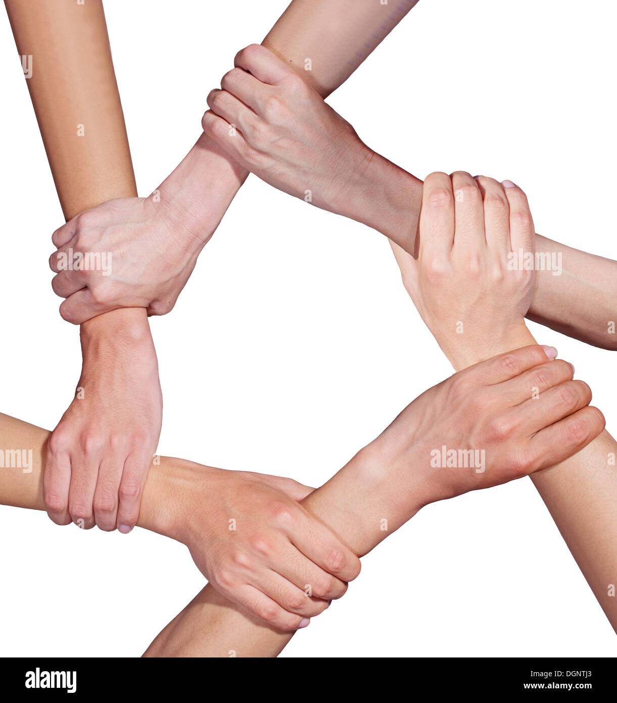 Händen Klingeln Teamarbeit isoliert auf weißem Hintergrund Stockfoto