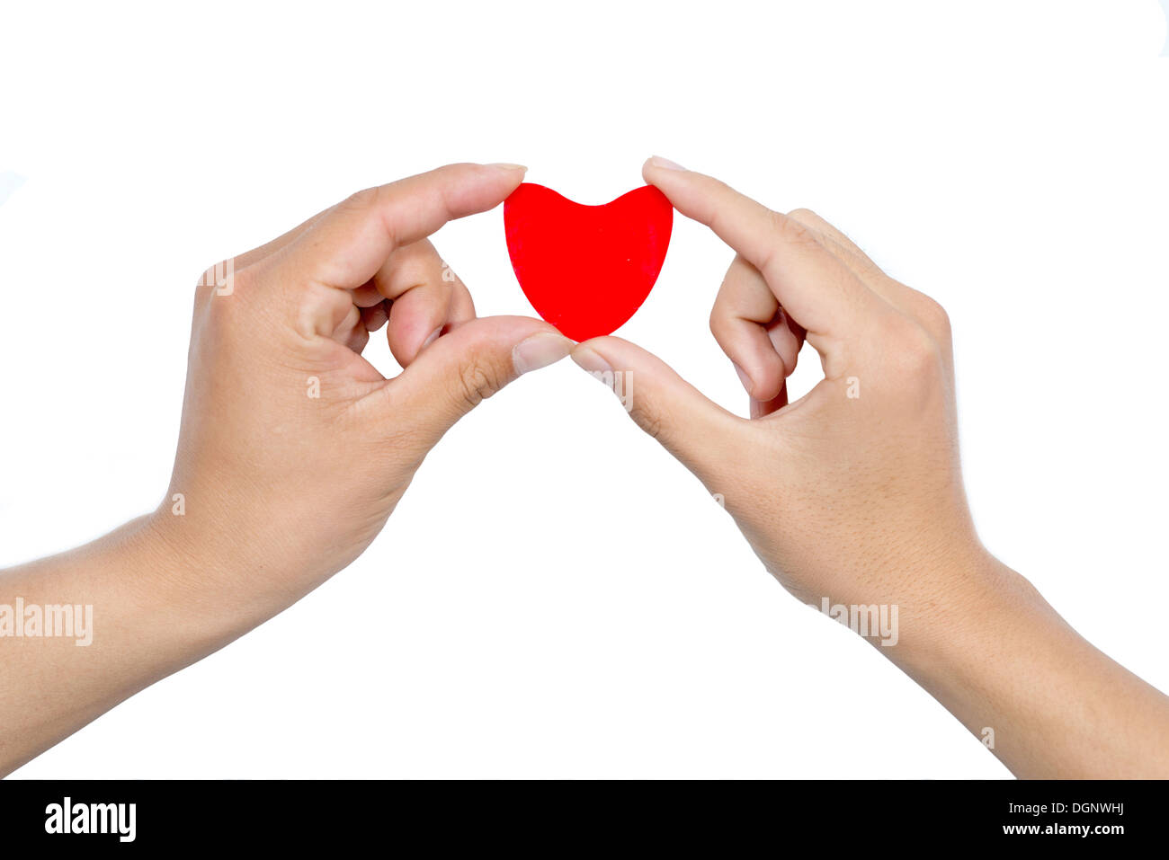 Liebe-Konzept. ein rotes Herz hält in Händen. Stockfoto