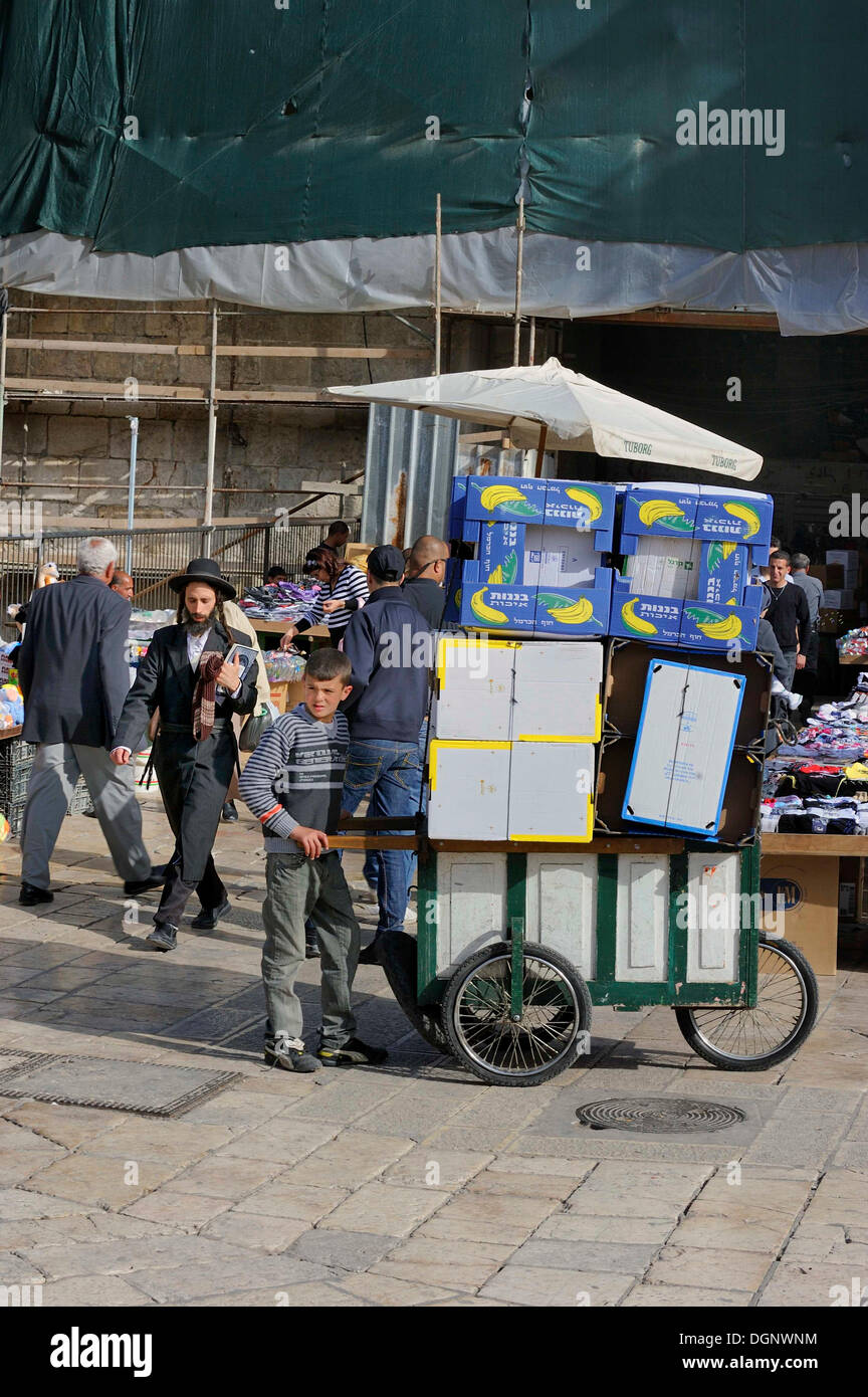 Palästinensischer Jugendlicher drängen einen typischen Wagen, Wagen geeignet für die engen Gassen im muslimischen Viertel in der Altstadt von Stockfoto