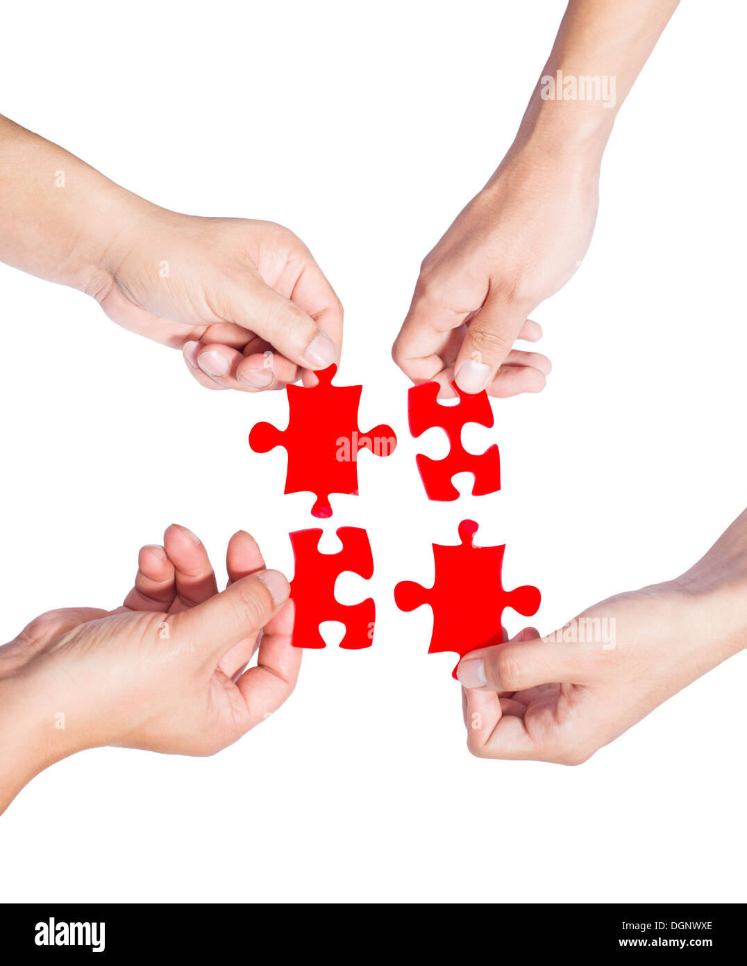 Hände und Puzzle isoliert auf weißem Hintergrund Stockfoto