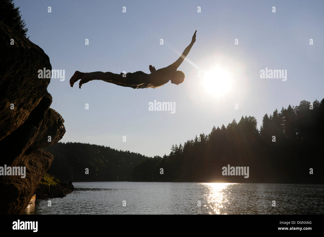 Mann Tauchen von einer Klippe, Hintergrundbeleuchtung, Kamp, Ottenstein Stausee, Rastenfeld, untere Austria, Österreich, Europa Stockfoto