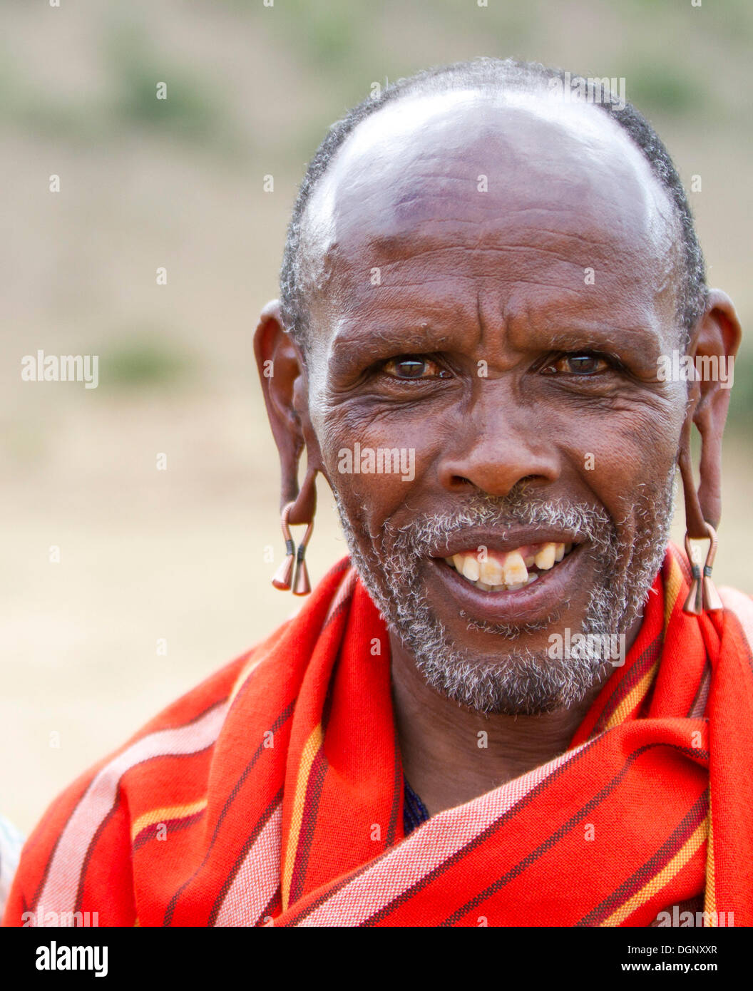 Maasai Mann tragen traditionelle Kleidung, Porträt, Massai Mara, Distrikt Narok, Serengeti, Provinz Rift Valley, Kenia Stockfoto