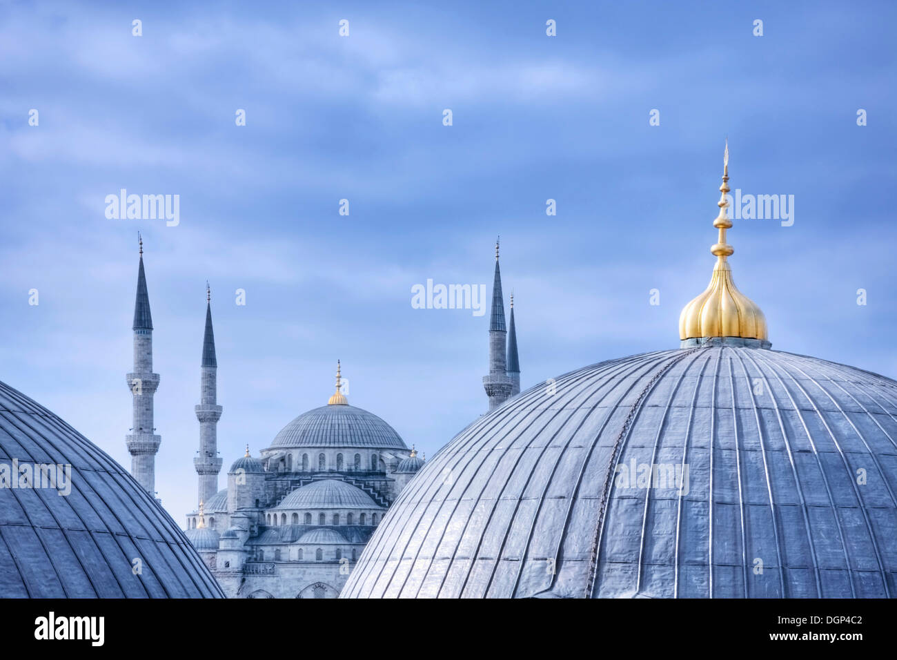 Blick über die Kuppeln der Hagia Sofia, die blaue Moschee, Istanbul, Marmararegion, Türkei Stockfoto