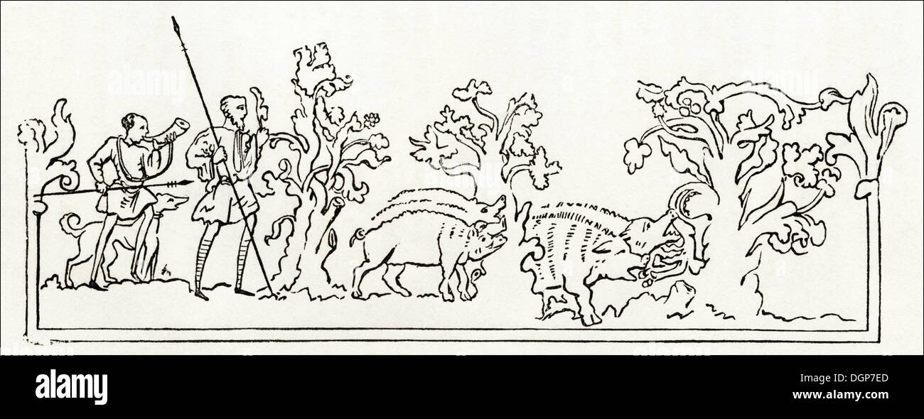 Anglo Saxon England. Wildschweinjagd im angelsächsischen England. Viktorianische Holzschnitt ca. 1845. Stockfoto