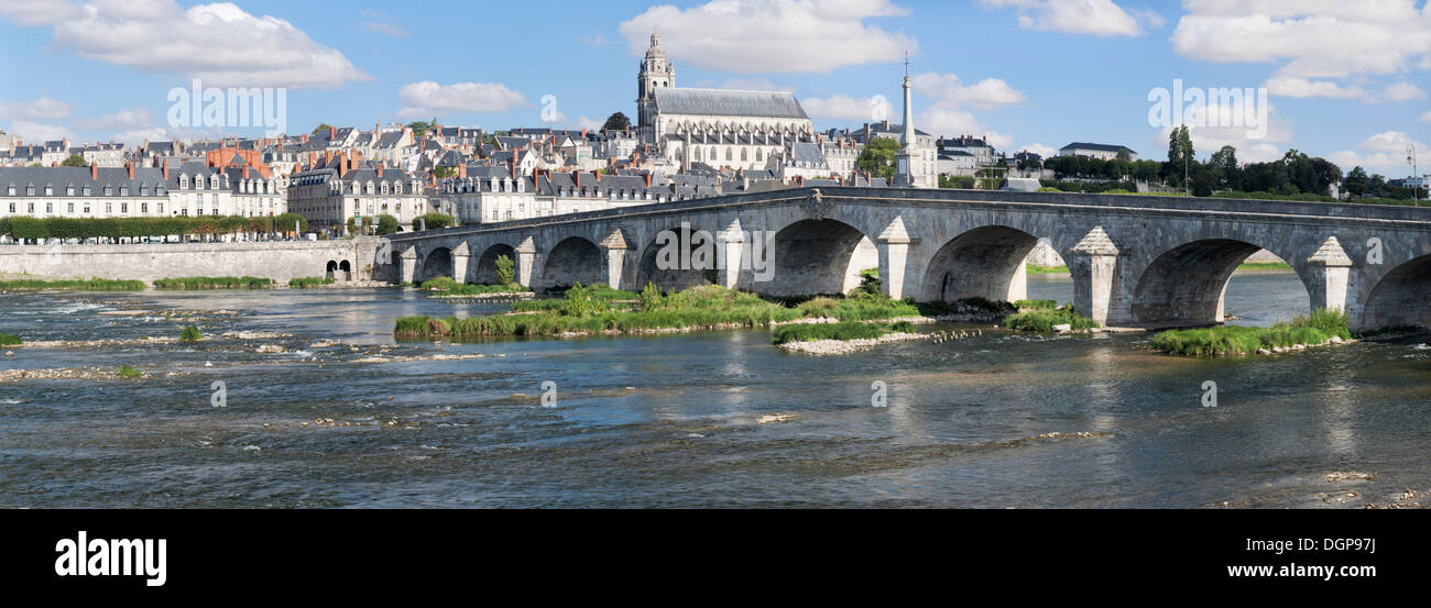 Stadtbild von Blois mit der Loire-Brücke, Pont Jacques Gabriel und Blois Kathedrale, Département Loire et Cher, Frankreich Stockfoto