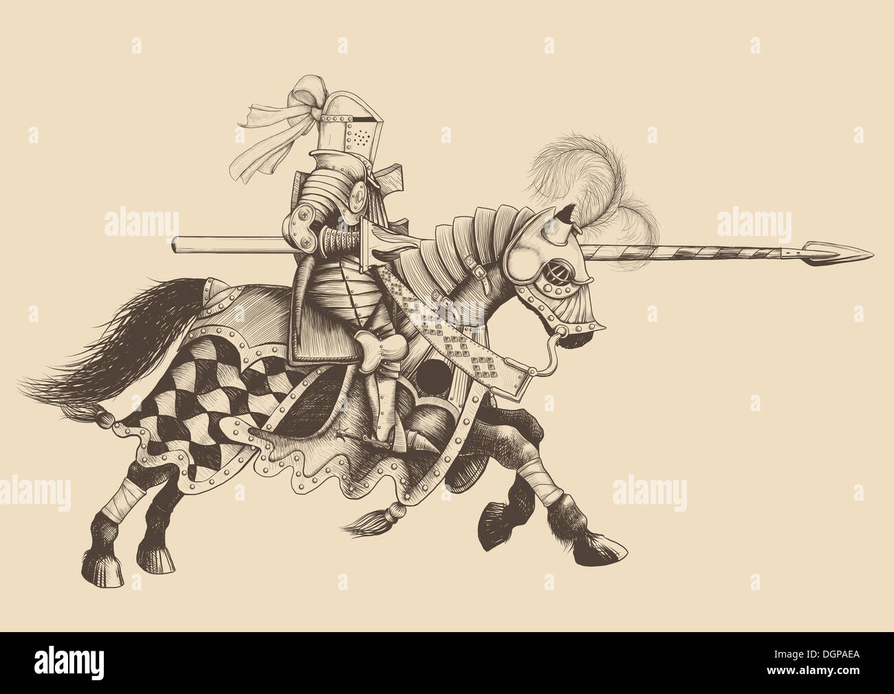Pferd Ritter des Turniers mit einem Speer an der bereit im Galopp in Richtung des Gegners. Gravur Stockfoto