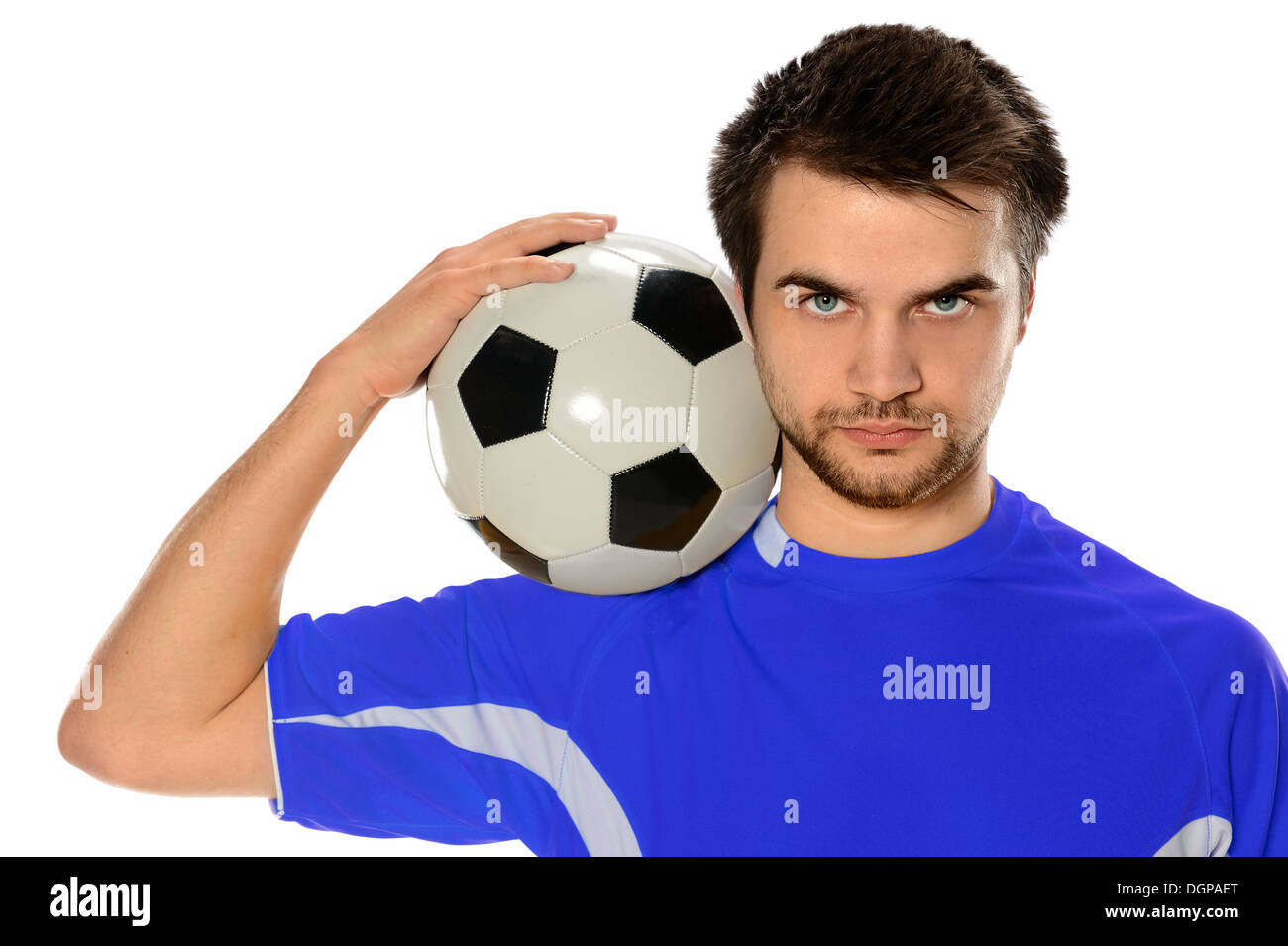 Porträt des jungen Fußballspieler mit Ball isoliert auf weißem Hintergrund Stockfoto