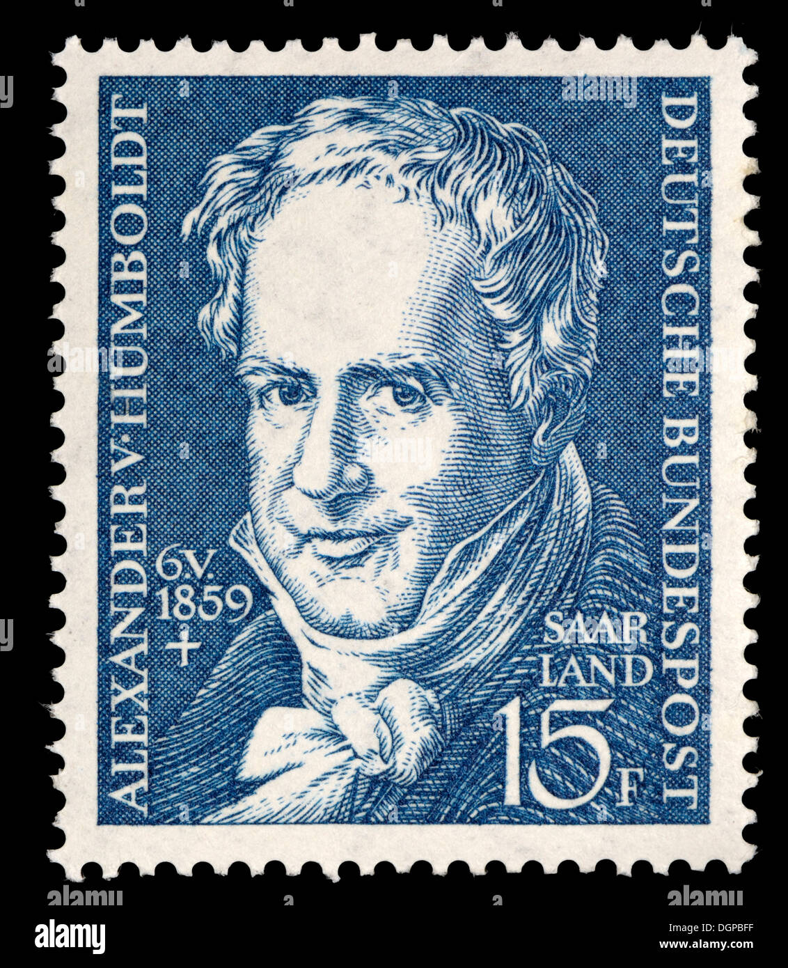 Saarland-Briefmarke - Friedrich Wilhelm Heinrich Alexander von Humboldt (1769 – 1859), deutscher Naturforscher, Geograph, explorer Stockfoto
