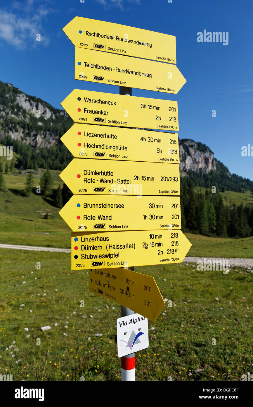 Wegweiser für Wanderer, Wurzeralm Alp bin Spital Pyhrn, Pyhrn-Priel, Traunviertel Region, Oberösterreich, Österreich, Europa Stockfoto