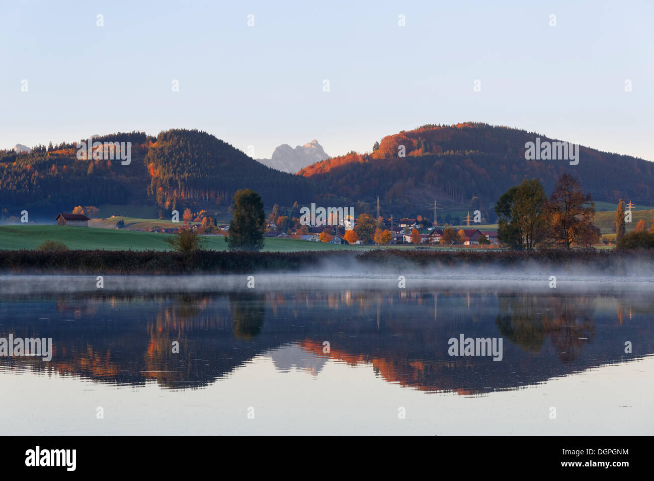 Herbstmorgen am Huttlerweiher Weiher, Rosshaupten, Ostallgaeu, Allgäu, Schwaben, Bayern Stockfoto