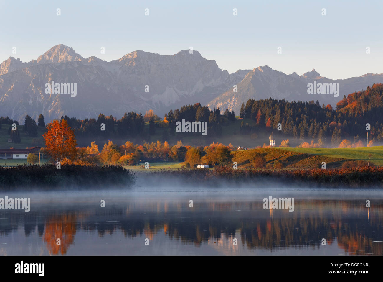 Huttlerweiher Teich, Rosshaupten, Tannheimer Berge auf der Rückseite, Ostallgaeu, Allgäu, Schwaben, Bayern Stockfoto