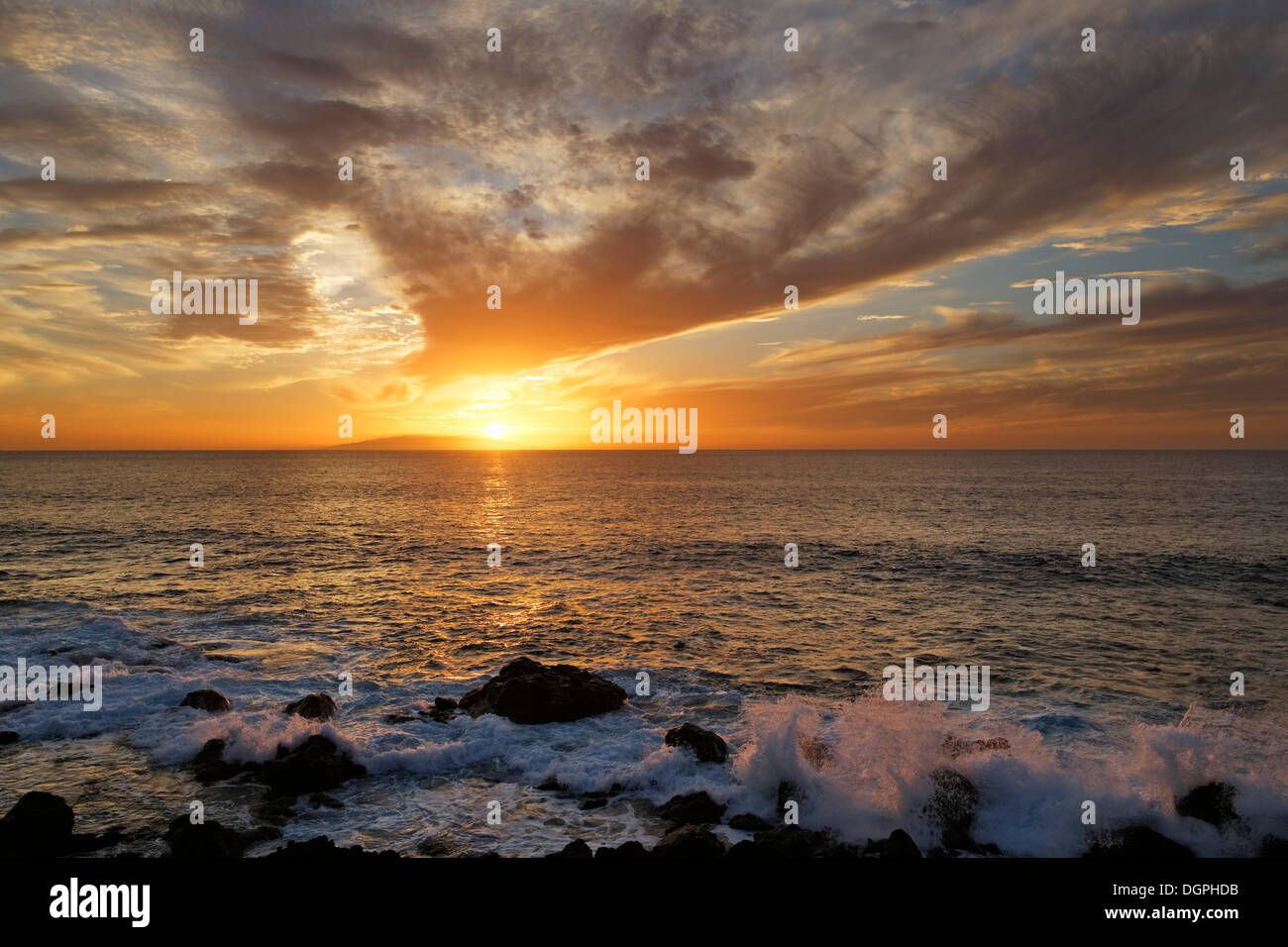 Sonnenuntergang über dem Meer, La Puntilla, Valle Gran Rey, La Gomera, Kanarische Inseln, Spanien Stockfoto