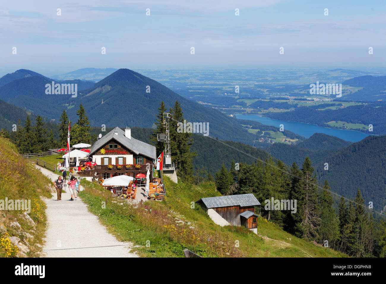 Franzls Hütte am Zwölferhorn Mountainbike, Fuschlsee auf der rechten Seite, Sankt Gilgen, Salzkammergut, Salzburger Land, Österreich Stockfoto