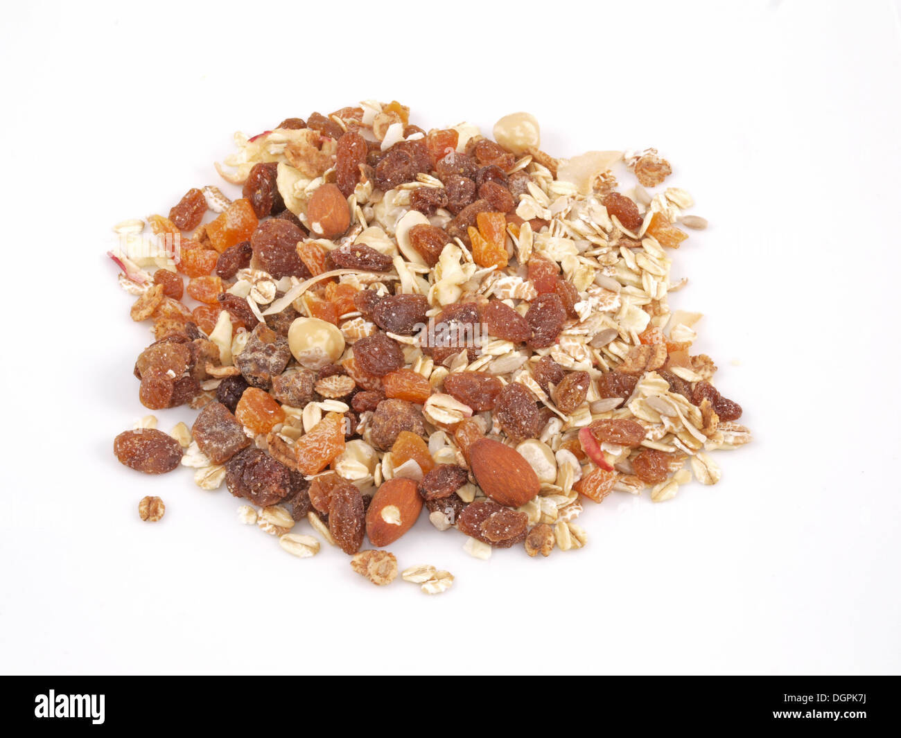 Frische Bio-Müsli auf weißem Hintergrund. Stockfoto