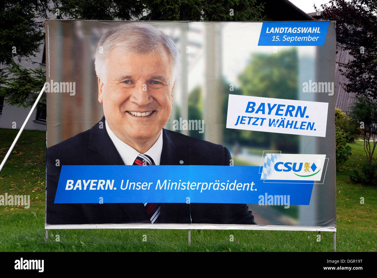 Plakatwerbung der CSU für den bayerischen Ministerpräsidenten Horst Seehofer für Landtagswahl in Bayern am 15.09.2013. Stockfoto