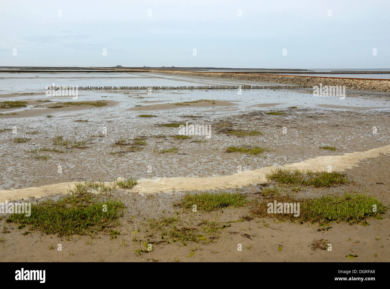 Blick über das Wattenmeer bei Ebbe, Wellenbrecher und Trolley causeway Insel nordstrandischmoor, Nationalpark Stockfoto