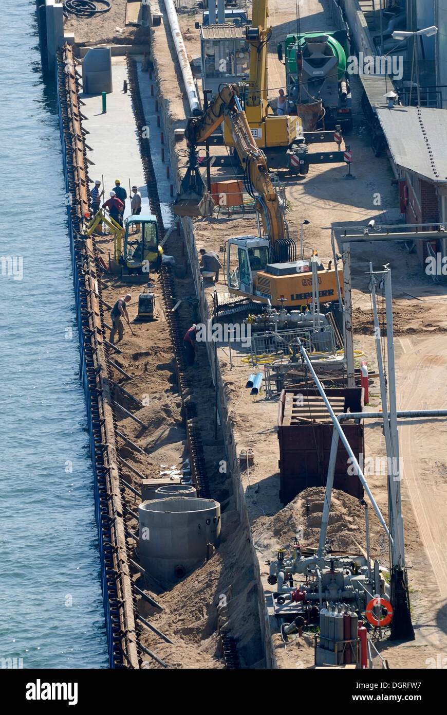 Baustelle eines Wharf, aus der Vogelperspektive, Nord-Ostsee-Kanal, Kiel, schleswig-holstein Stockfoto