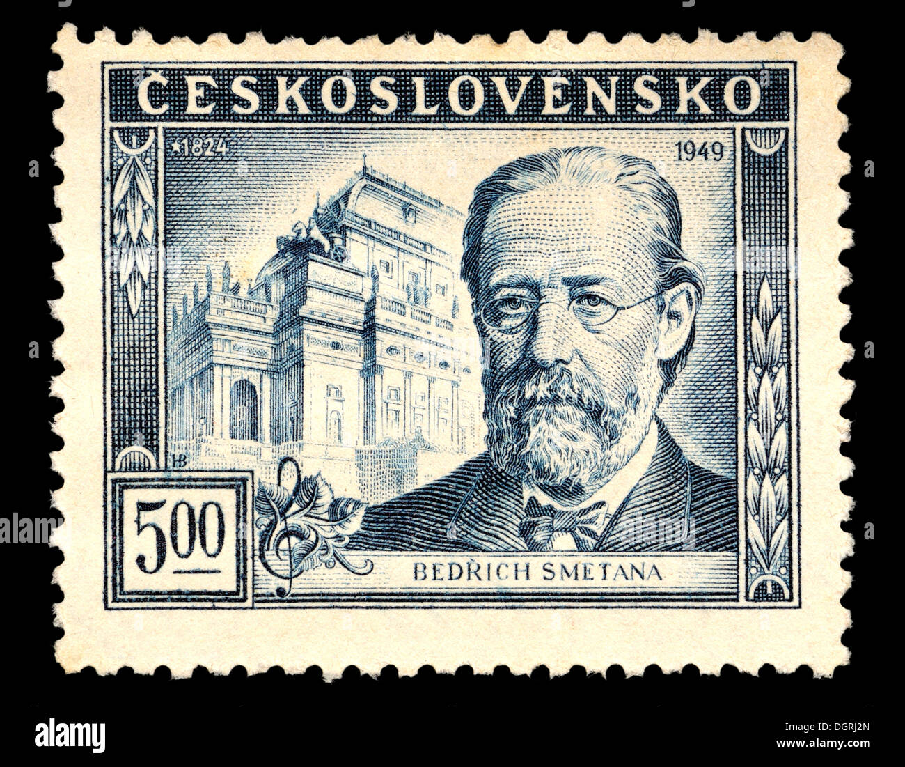 Briefmarke aus der Tschechoslowakei - tschechischen Komponisten Bedrich Smetana (1824-84), vor dem Nationaltheater Prag Stockfoto