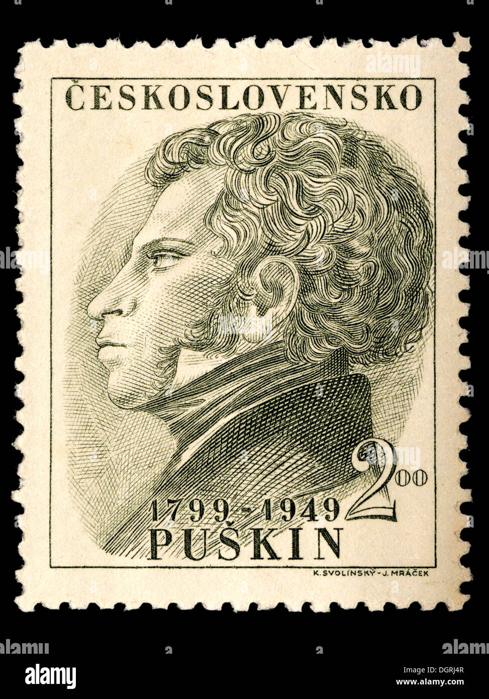 Briefmarke aus der Tschechoslowakei - Aleksandr Pushkin / Alexander Sergeyevich Pushkin (1799-1837) Russische Romantik Autor / Dichter Stockfoto