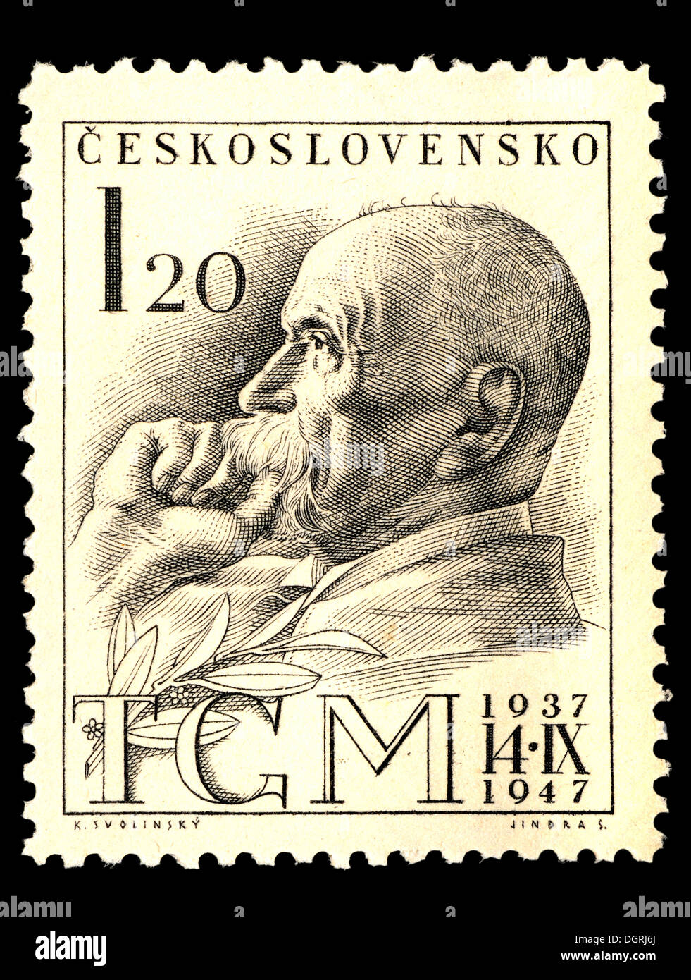Briefmarke aus der Tschechoslowakei - Tomáš Garrigue Masaryk / Thomas Masaryk (1850-1937) ersten Präsidenten der Tschechoslowakei Stockfoto