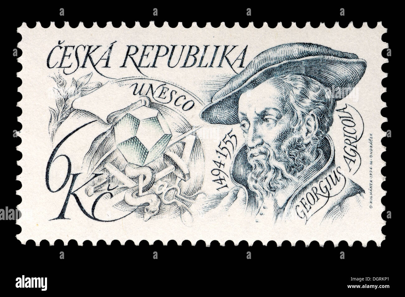 Briefmarke aus der Tschechischen Republik - Gerogius Agricola (1494-1555) deutsche Gelehrte und Wissenschaftler - "der Vater der Mineralogie" Stockfoto