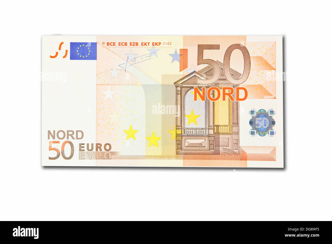 Symbolische Symbol, Zerfall des Euro und die Einführung der neuen nördlichen Euro-Währung, 50 Nord-Euro Stockfoto