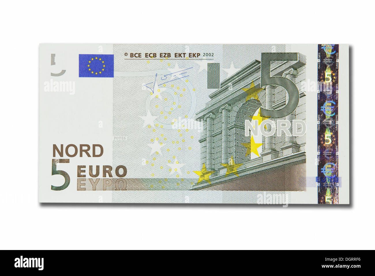 Symbolische Symbol, Zerfall des Euro und die Einführung der neuen nördlichen Euro-Währung, 5 Nord-Euro Stockfoto