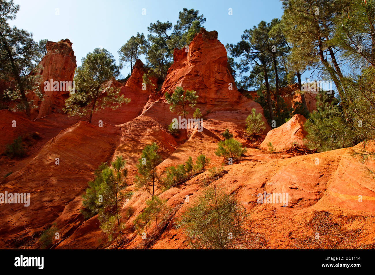 Ockerfarbene Klippen des Roussillon, Apt, Region Provence, Département Vaucluse, Frankreich, Europa Stockfoto