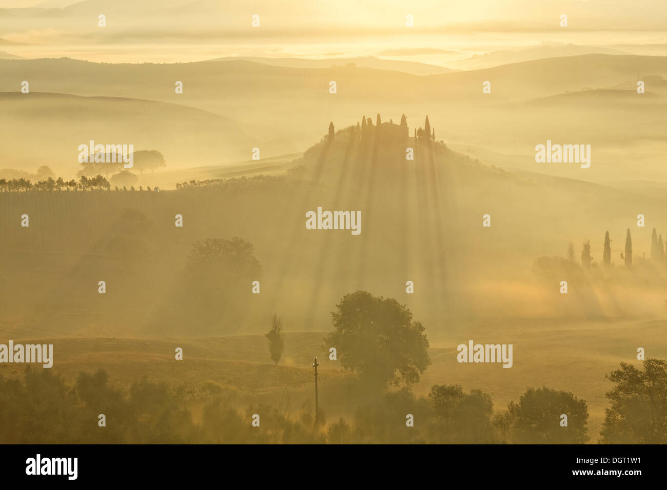 Morgen-Stimmung, Blick Richtung Podere Belvedere, San Qurico d ' Orcia, UNESCO Welt Kultur Erbe Website, Toskana Stockfoto