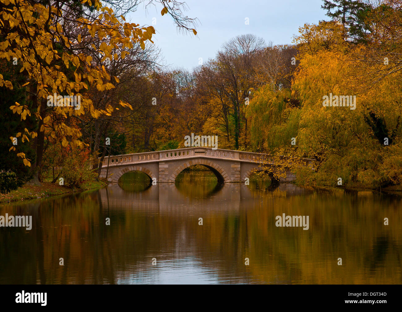 Kleine Brücke über einen Fluss, umgeben von Herbst, Laxenburg, Niederösterreich, Österreich Stockfoto