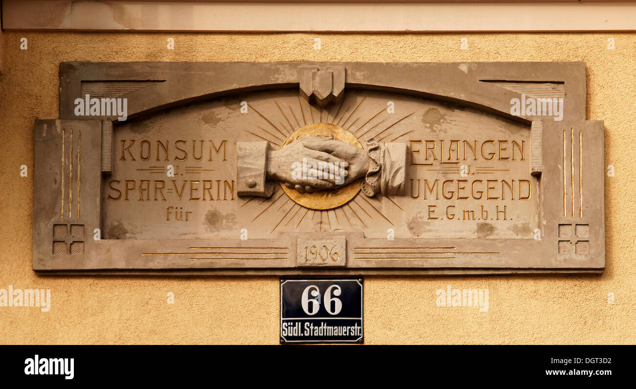 Logo der "Konsum-Und Sparverein" Genossenschaft an der Wende des Jahrhunderts, 1906, Erlangen, Franken, Bayern Stockfoto