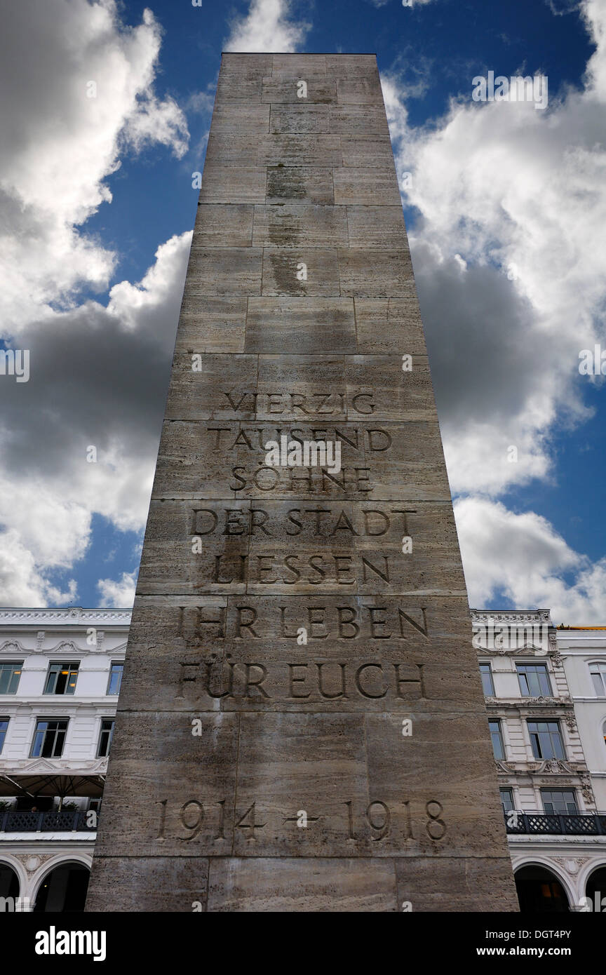 Spalte, Kriegerdenkmal für den ersten Weltkrieg 1914-1918, Rathausmarkt Quadrat, Hamburg, PublicGround Stockfoto