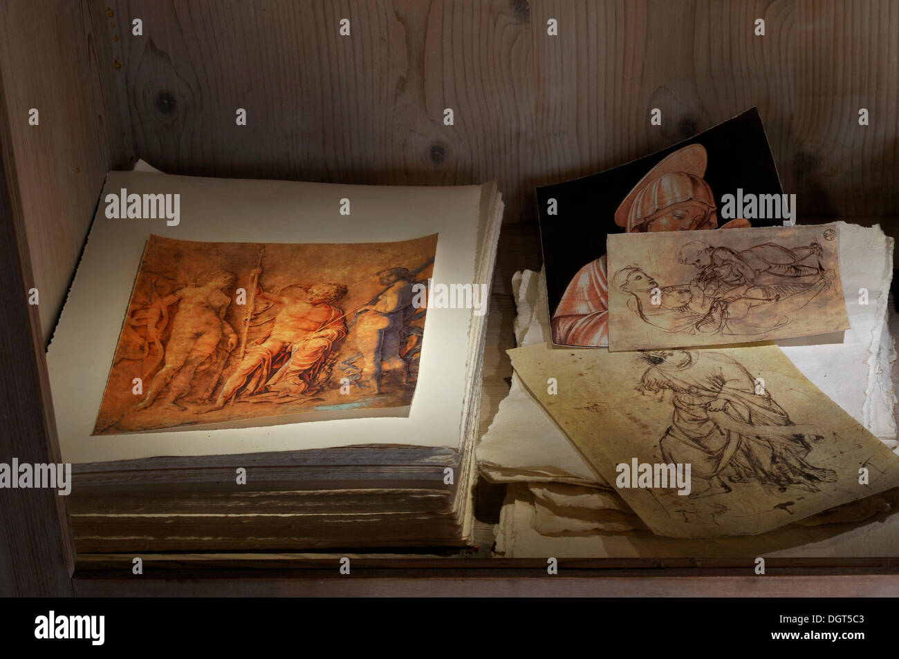 Kopien der Zeichnungen und Druckgraphik von Albrecht Duerer in einer Anzeige Fall, Albrecht-Dürer-Haus, Altstadt, Nürnberg Stockfoto