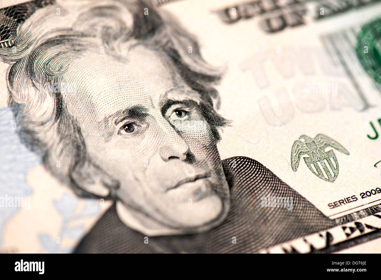 Closeup von Andrew Jackson Porträt auf einer US-zwanzig-Dollar-Banknote. Stockfoto
