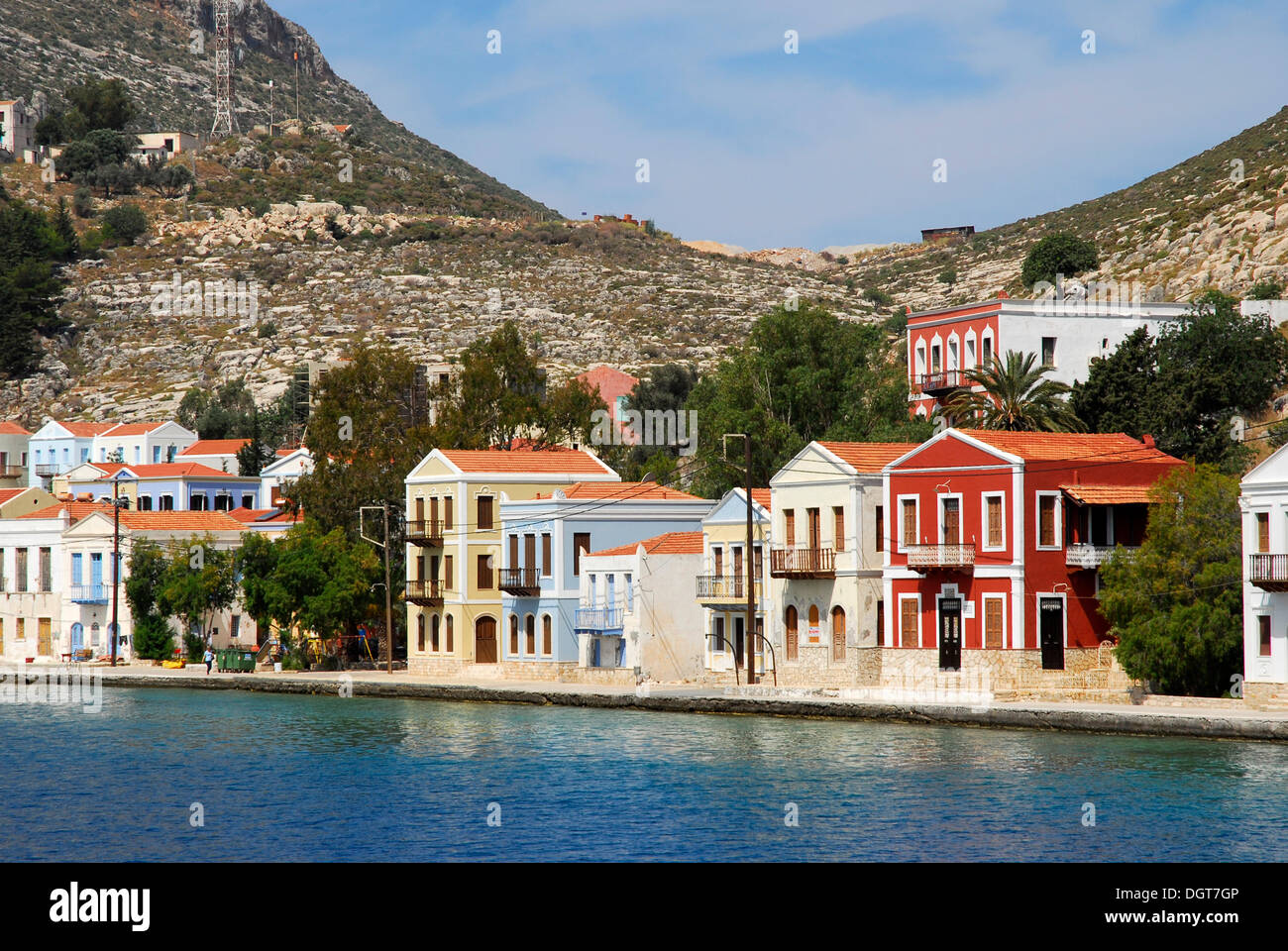 Häuser in der Bucht, Stadt Megisti auf Kastelorizo Insel Meis, Dodekanes, Aegean, Mittelmeer, Griechenland, Europa Stockfoto