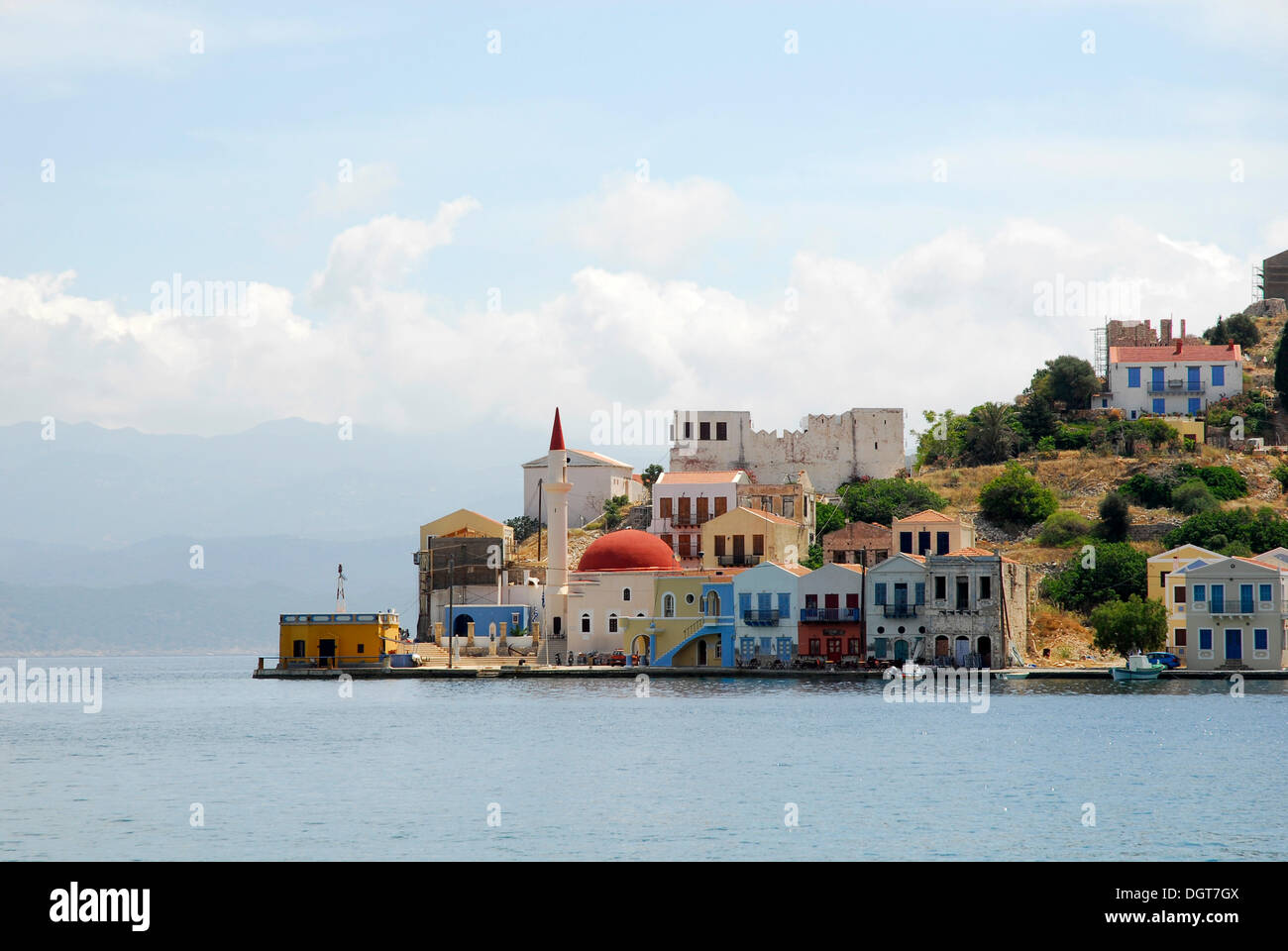 Häuser am Ufer, Stadt Megisti auf Kastelorizo Insel Meis, Dodekanes, Aegean, Mittelmeer, Griechenland, Europa Stockfoto