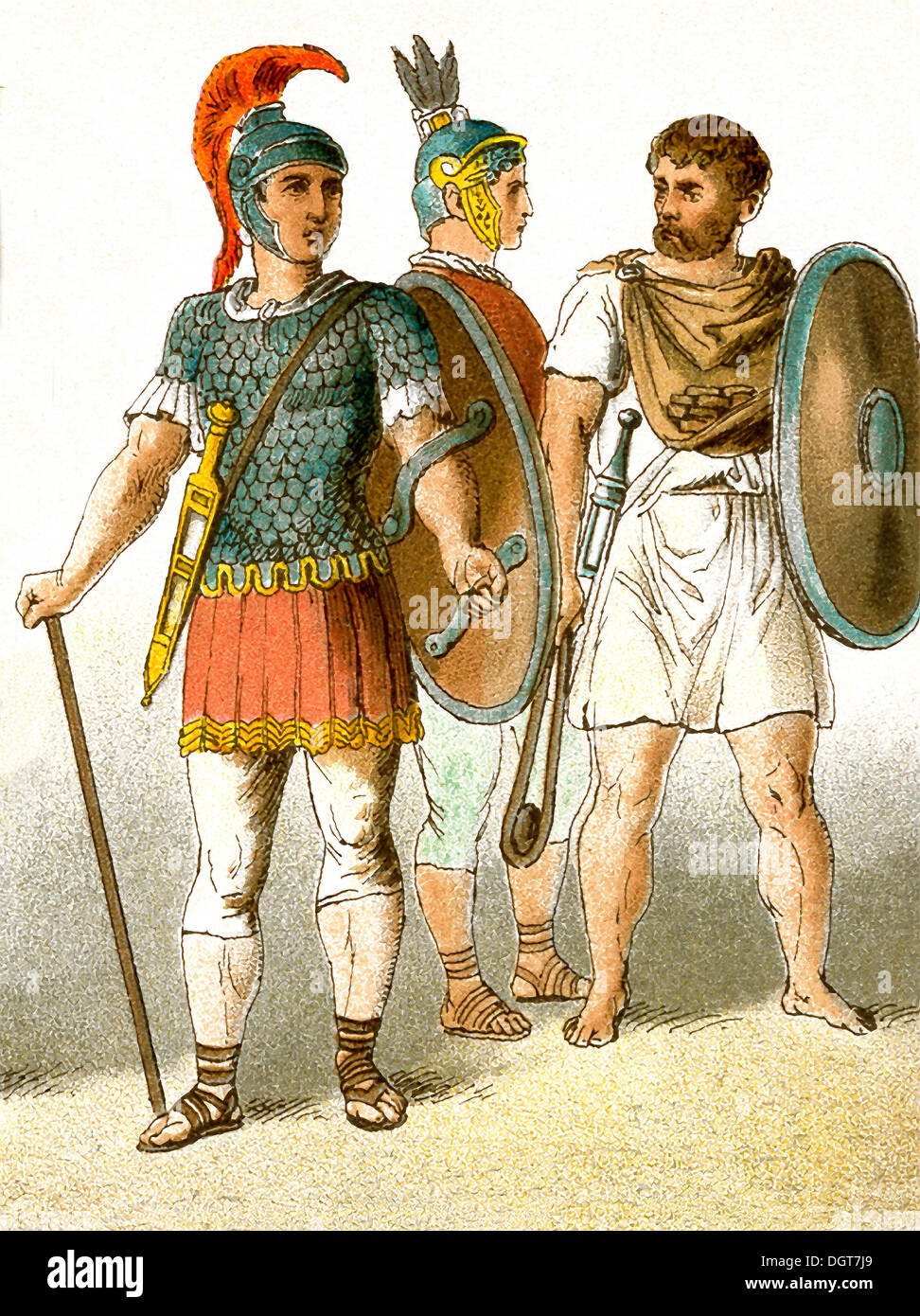 Die Zahlen repräsentieren die drei antike römischen militärischen Soldaten. Die Abbildung stammt bis 1882. Stockfoto