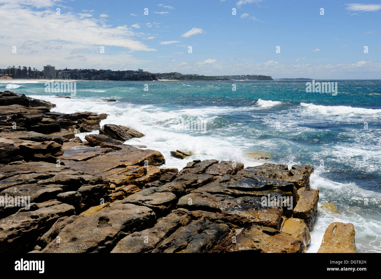 Felsige Küste in der Nähe von Manly Beach, North Sydney, New South Wales, NSW, Pazifik, Australien Stockfoto