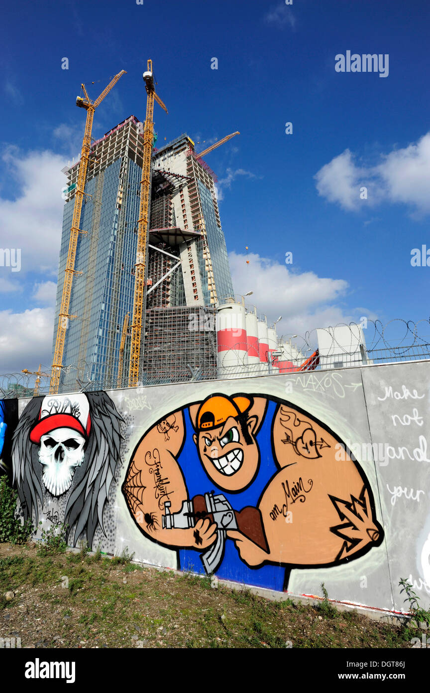 Graffiti vor der Baustelle der neuen EZB, Europäische Zentralbank, Frankfurt Am Main, Hessen Stockfoto