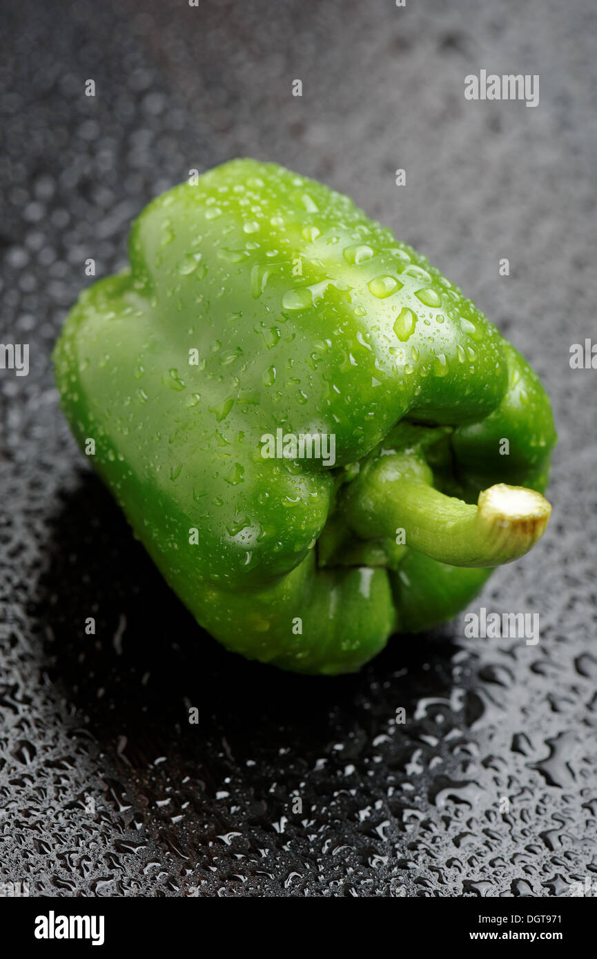Grüne Paprika auf schwarzen Tisch nach Regen Stockfoto