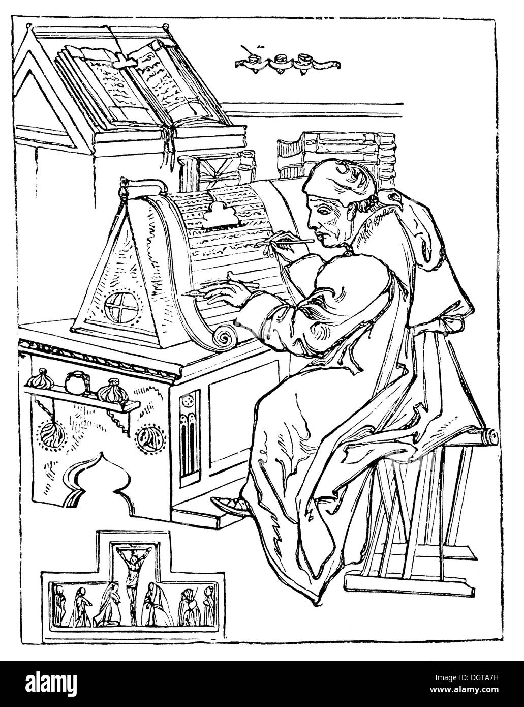 Mönch schreibt in seiner Kabine, mittelalterliche Handschriften, historisches Bild aus der Geschichte der deutschen Literatur aus dem Jahr 1885 Stockfoto