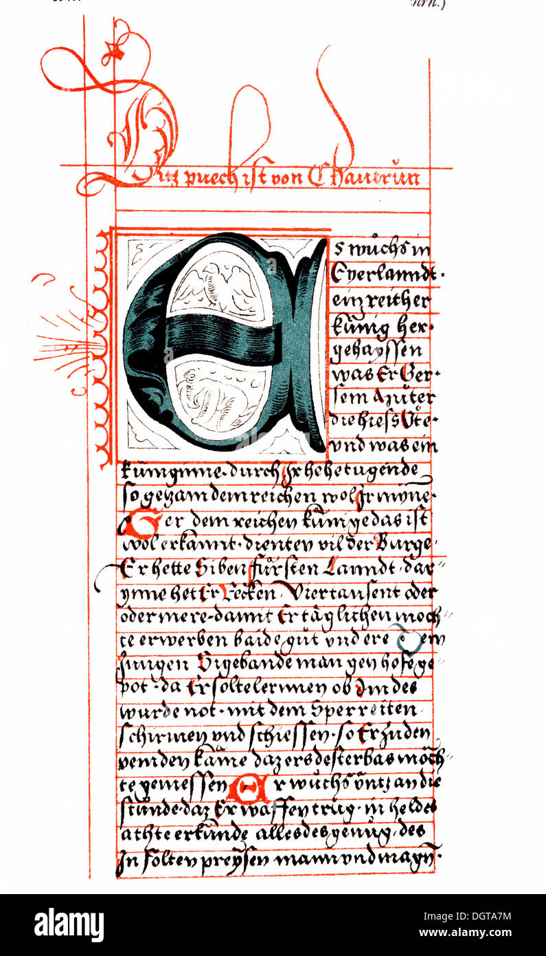 Anfang des Liedes Gudrun, erhaltene Manuskript, XVI. Jahrhundert, historische Bild von Geschichte der deutschen Literatur aus Stockfoto