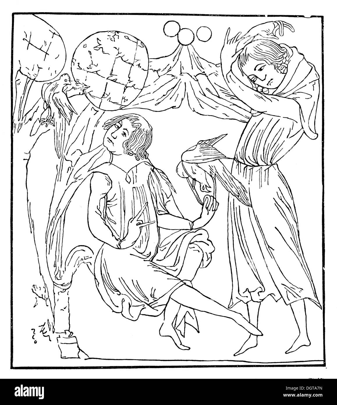 Rivalen im Bande der Liebe, Miniatur, München Manuskript des Tristan von Gottfried von Strassburg, historisches Bild aus der Geschichte der Stockfoto