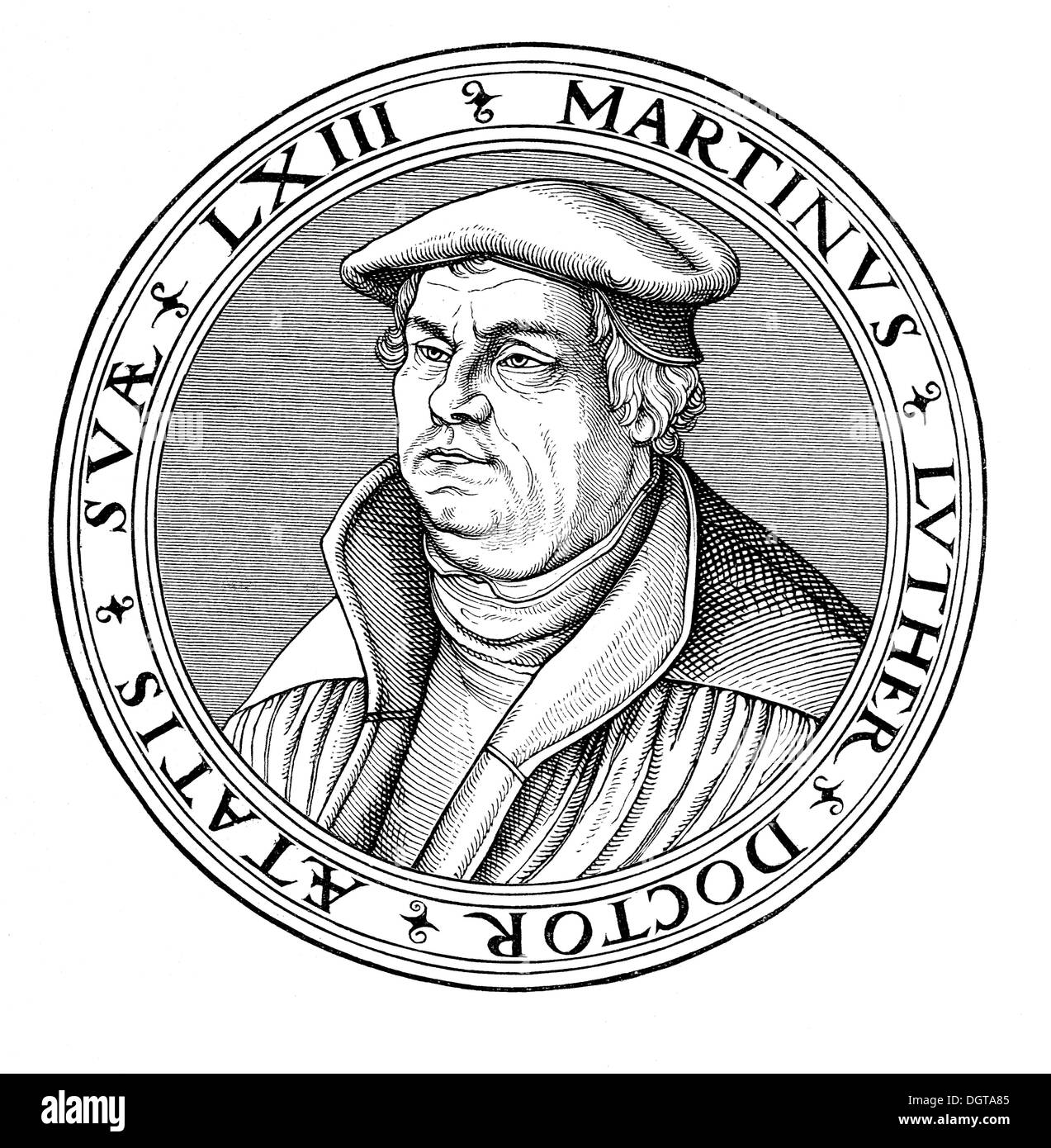 Porträt von Martin Luther in seiner 63. jährige, Holzschnitt aus Cranachs Schule, historisches Bild von der Geschichte des deutschen Stockfoto